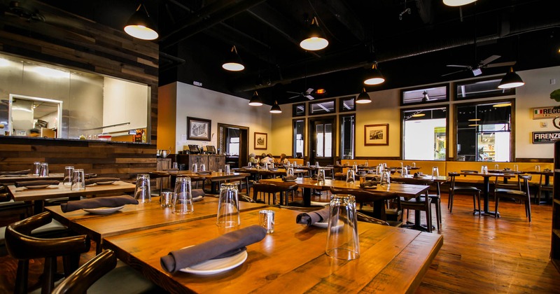 Interior, tables set and ready for guests