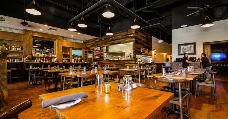 Interior, seating area set for guests