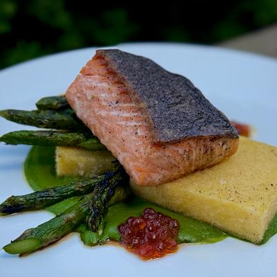 Seared salmon with asparagus and polenta.