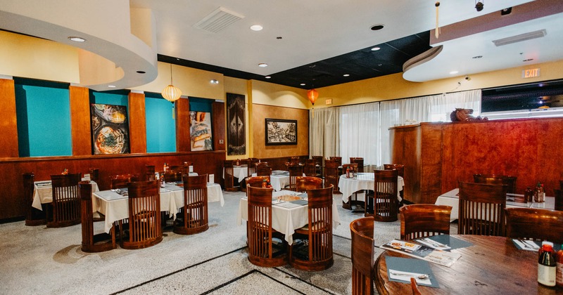 Interior seating area with chairs and tables