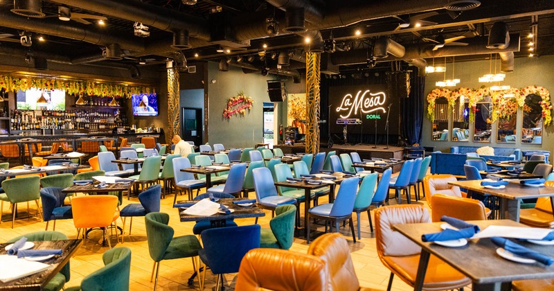 Interior, wide shot of dining area, bar area in the background