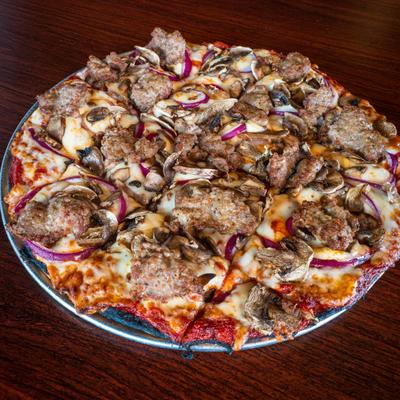 The Classic Pizza topped with mozzarella, sausage, mushrooms and onions.