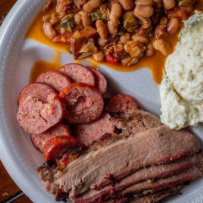 Meat combo plate, brisket and sausage.