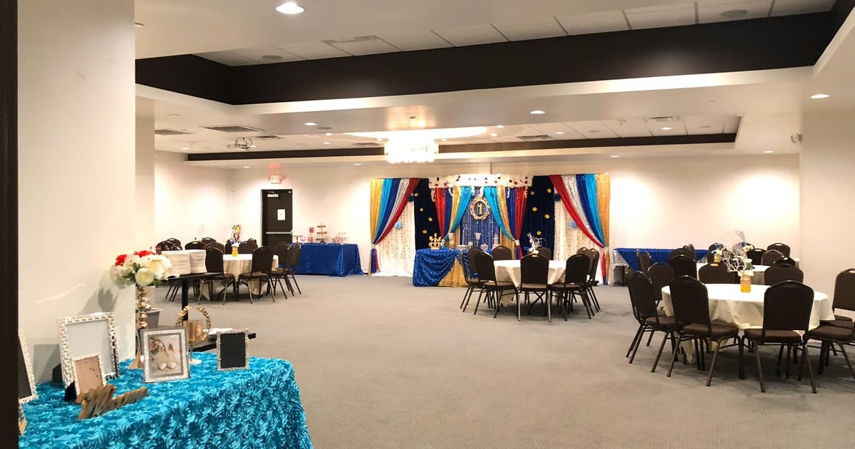 A decorated banquet hall at Sankranti Indian Restaurant & Banquets, set up for a private event