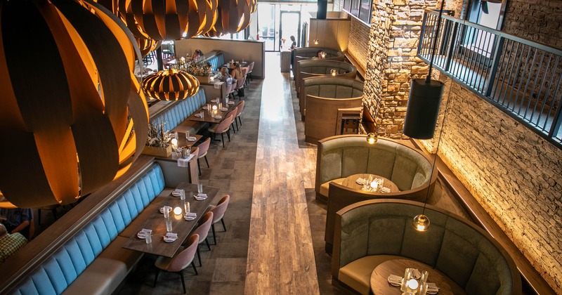 Modern dining area design, banquettes, tables and round booths