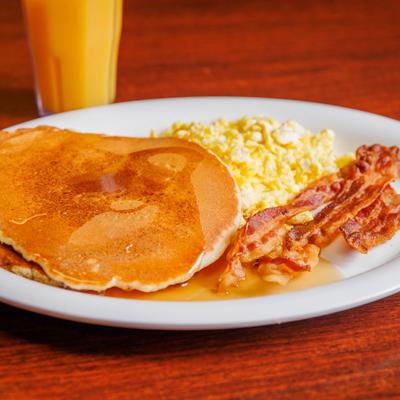 American Breakfast, pancakes, scrambled eggs and bacon