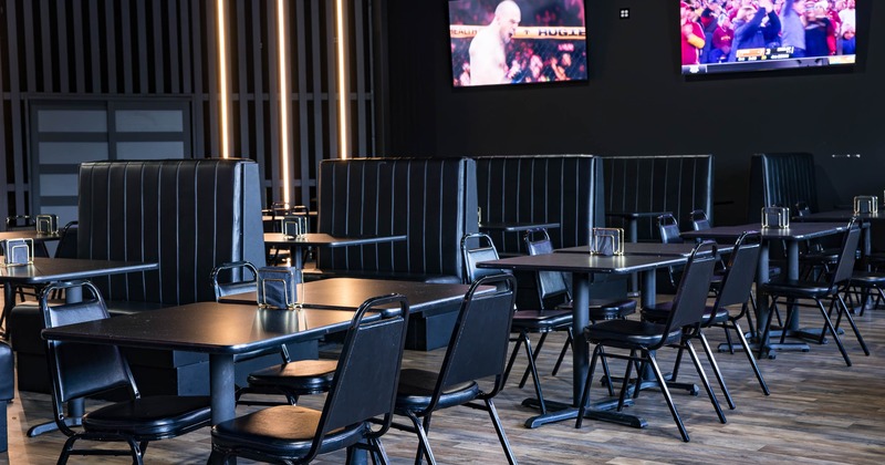 Interior, dining area, tables with chairs, seating booths, ready for guests