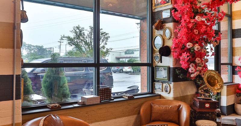 2 armchairs and coffee table by the window
