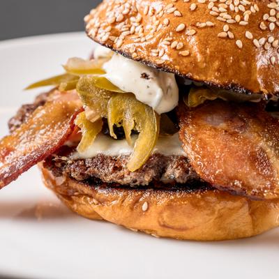 Bacon Jalapeno Burger, close-up.