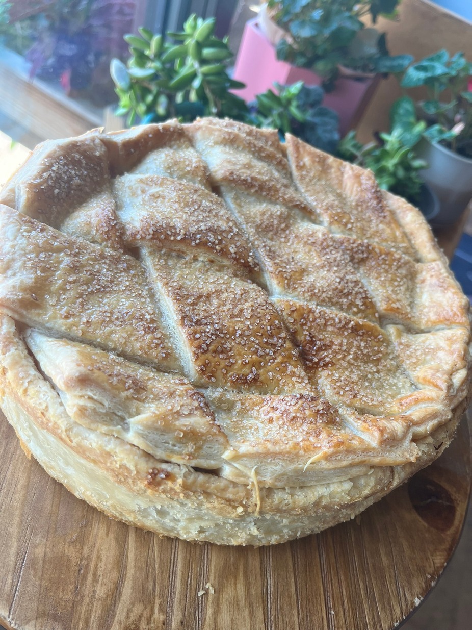 We are peachy keen on our double-crusted peach pie.  Texas peaches slowly simmered with sugar and cinnamon until we achieve the perfect pie.