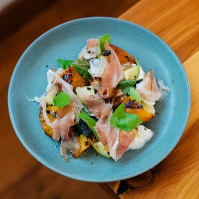 Peach bruschetta, top view.