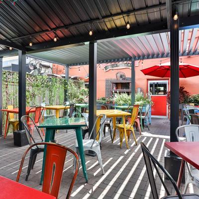 Tables and chairs outside.