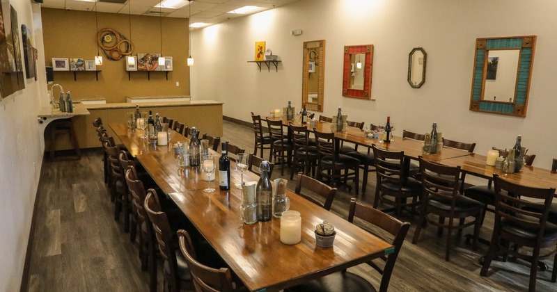 Interior, two long tables with chairs