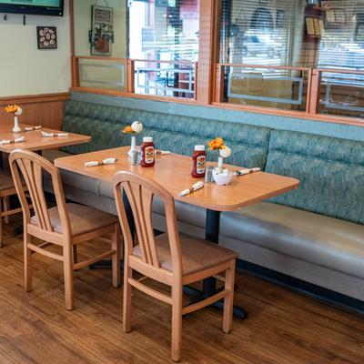 Interior, dining area, banquette seating.
