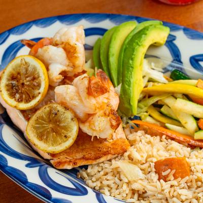 Grilled Salmon, served, closeup.