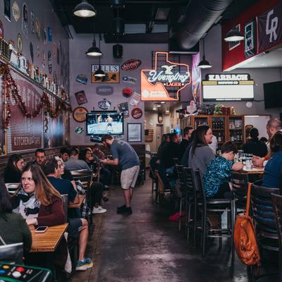 Crowded interior, seating area.