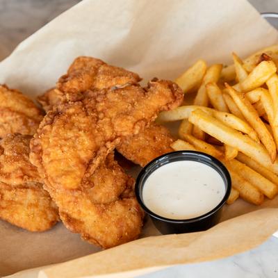 Chicken tenders with fries and side of ranch.