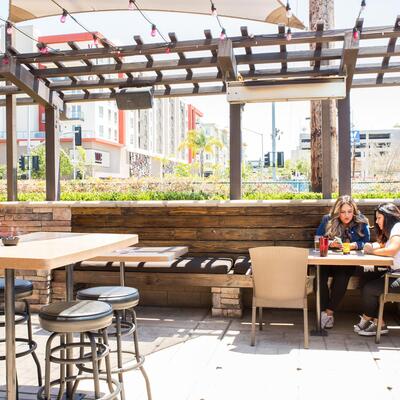 Exterior, tables lined up outside