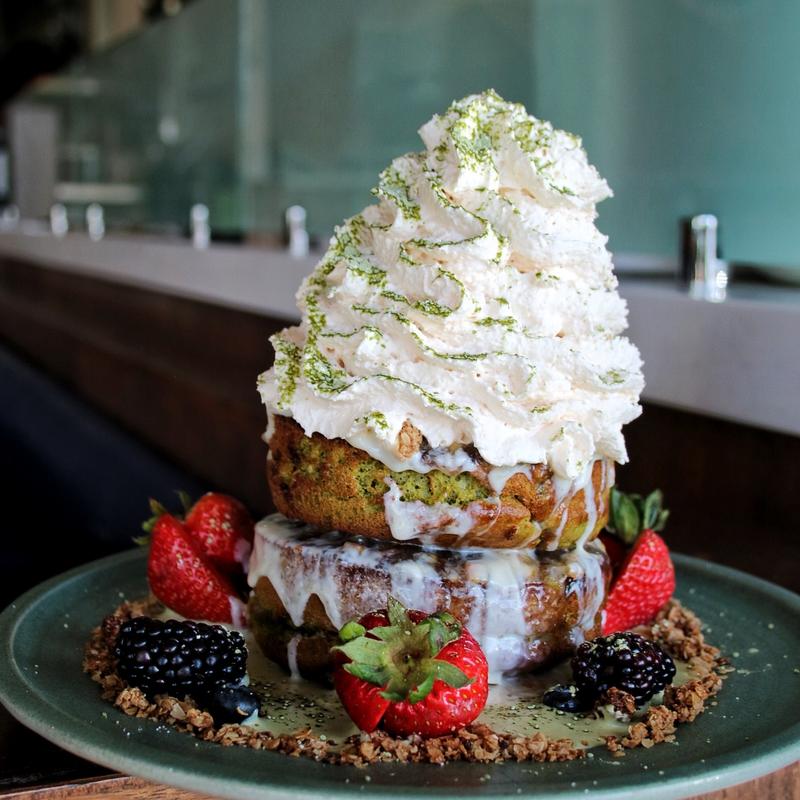 menu item 8 of 19, Orange Matcha Pancakes