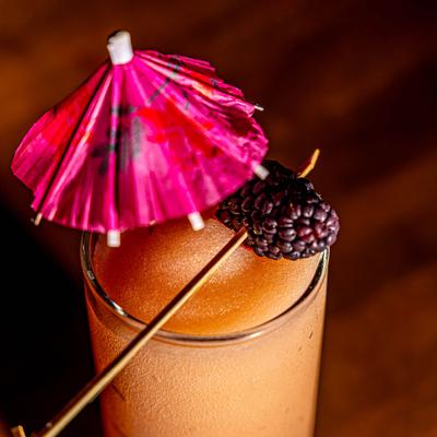 Frozen Jungle Bird cocktail, garnished with a blackberry and pink umbrella.