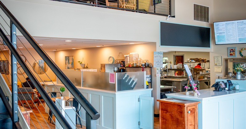 Interior, food counter, gallery, part of stairs