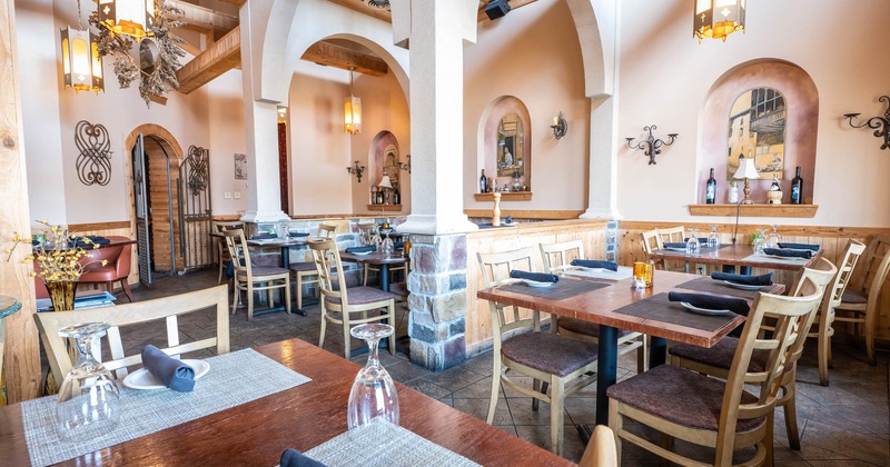 Interior, set tables and seats, booths in the back