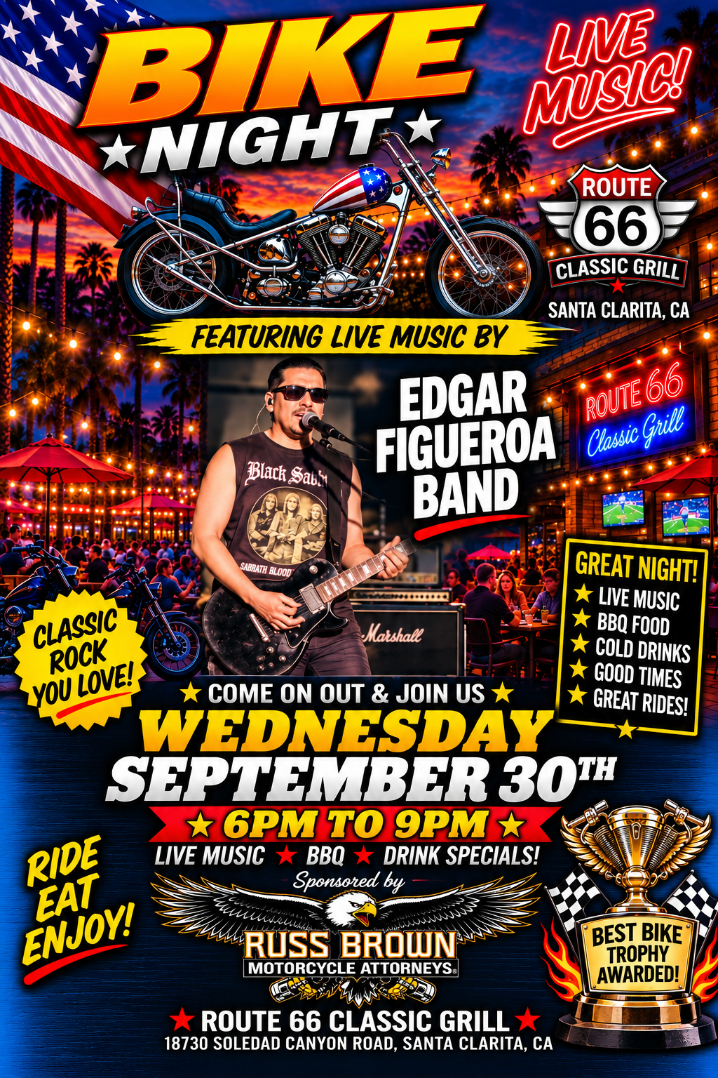 Live Music Bike Night Wednesday Sept 30th 6pm to 9pm featuring the Edgar Figueroa Band