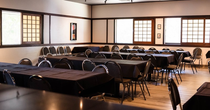 Interior, dining tables , chairs and banquette seating