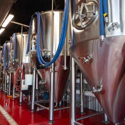 Stainless steel fermentation tanks.