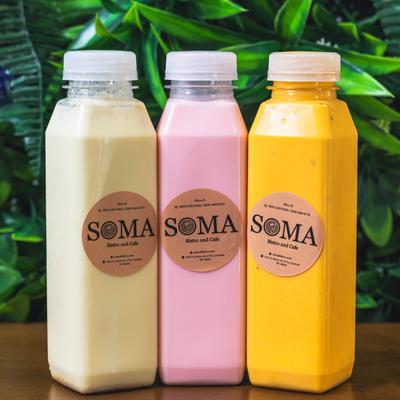 Colorful bottles beverages with Soma branding.