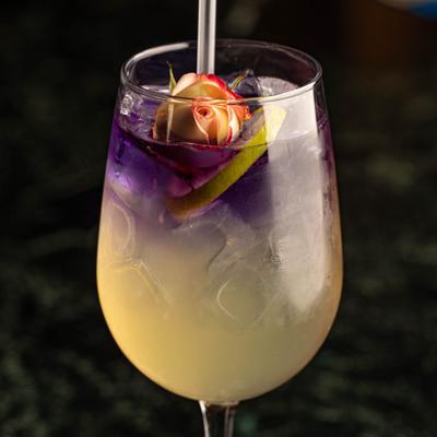 Butterfly Pea Flower Gin Sour cocktail.