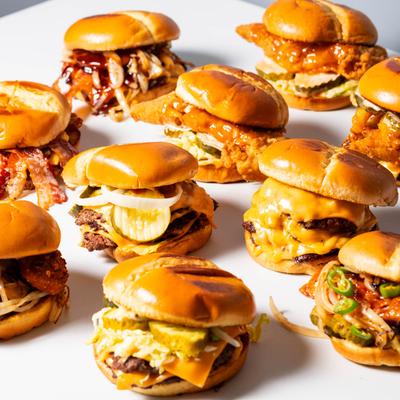 Many burgers on display.