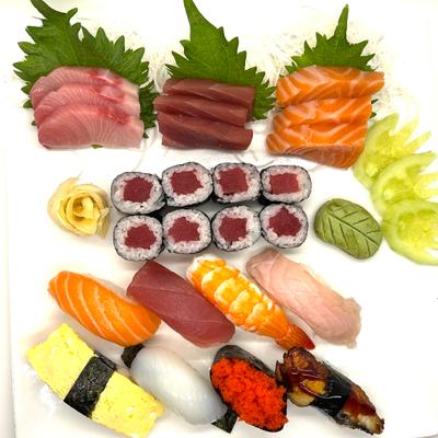 Sushi and Sashimi Assortment platter, top view