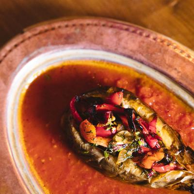 Roasted baby eggplant stuffed with red & green bell pepper, onion, tomato, garlic.