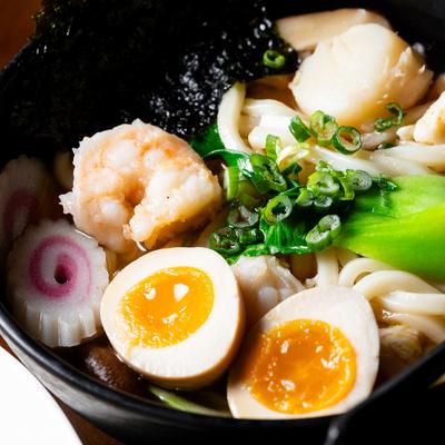 Meat and vegetable noodle soup bowl.