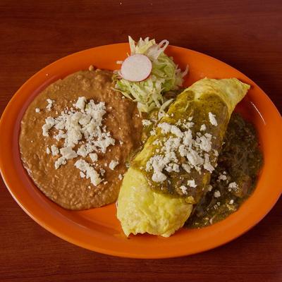 Enchilada in green sauce, served with cheese, lettuce,  and beans