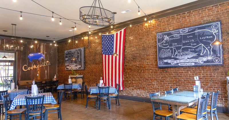 Tables with checkered tablecloths, American flag on the wall