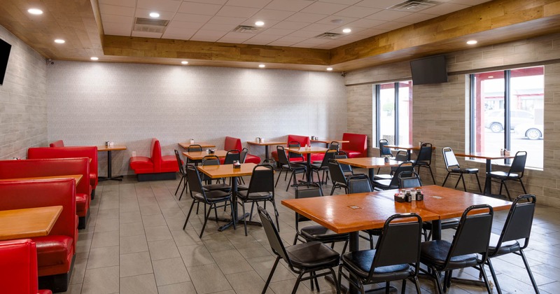 Interior, dining area, booths, tables and chairs