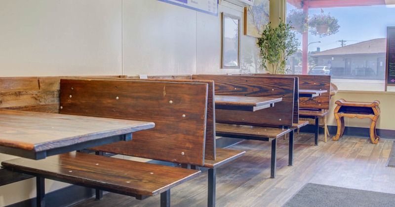 Interior, tables and wooden benches