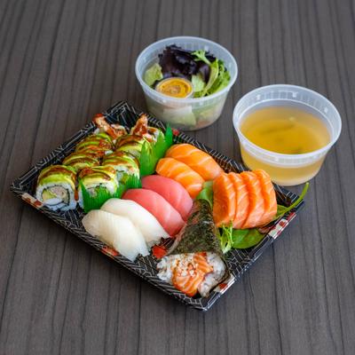 Combo platter, with sushi rolls, nigiri, and sashimi.