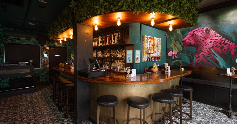 Interior, bar area, bar and bar stools