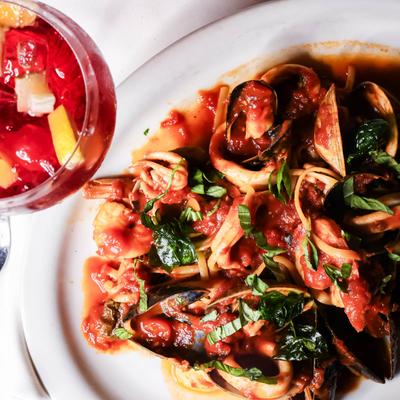 Frutti De Mare Marinara and red sangria, top view.