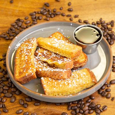 Cinnamon French Toast Sticks, with maple syrup.