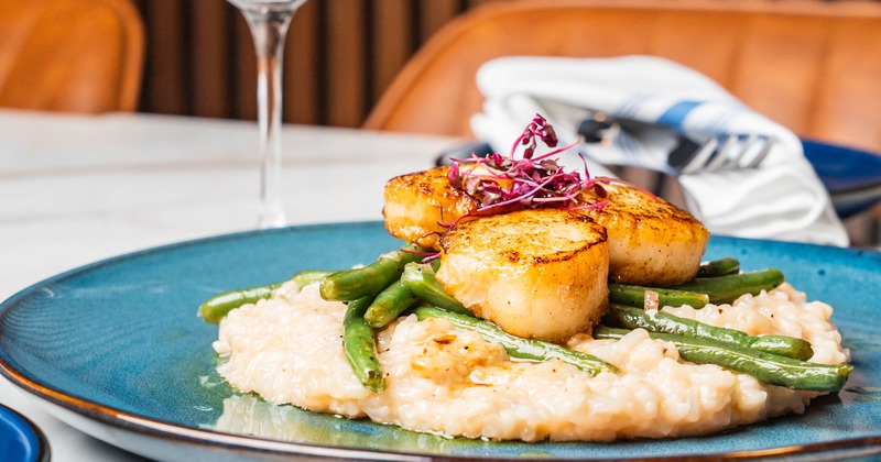 Scallops with mushroom risotto, broccolini and lemon brown butter