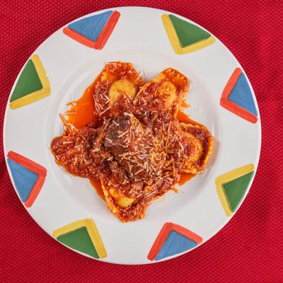 Braised beef stuffed ravioli, with short rib Bolognese sauce, and a short rib