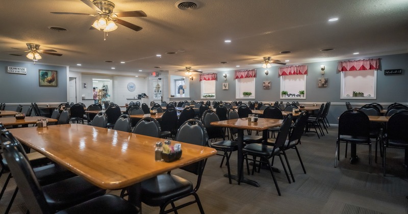 Interior, tables and seats for dining