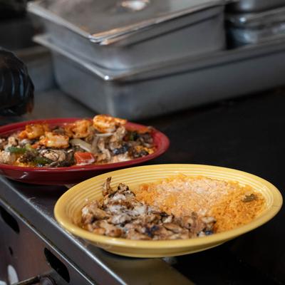 Plates with prepared meals.