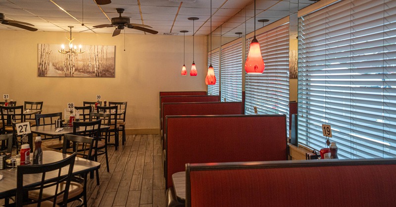 Interior dining area, seating booths, tables and chairs