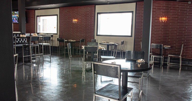 Bar area, tables, chairs