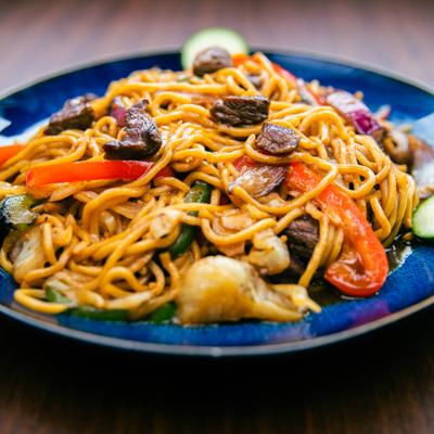 Beef and vegetable stir-fried noodles.